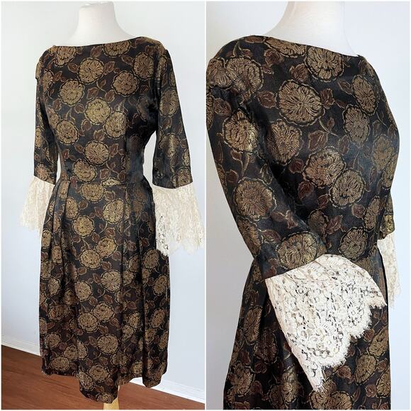 American Vintage Dresses & Skirts - Vintage 60s Gold Black Jacquard Floral‎ Cocktail Midi Dress // Size Large